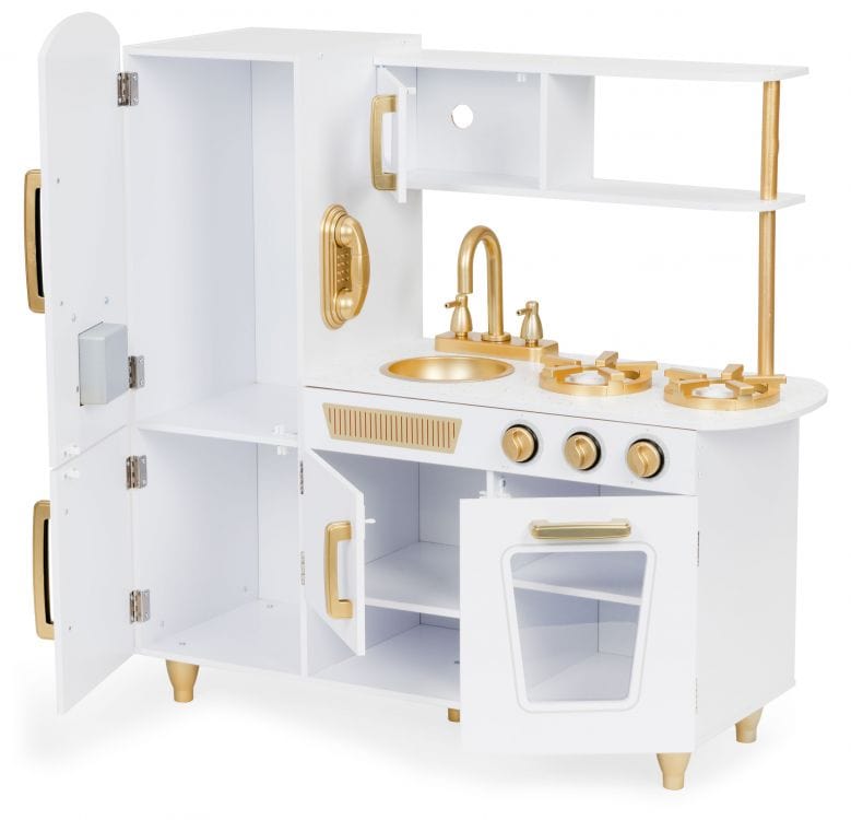 Meowbaby Large White and Gold Wooden Play Kitchen for Children